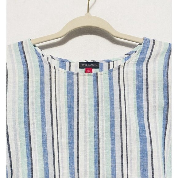 Vince Camuto Top Womens 1X Striped Frayed Hem Linen Blend Short Sleeve Boho - Picture 4 of 8